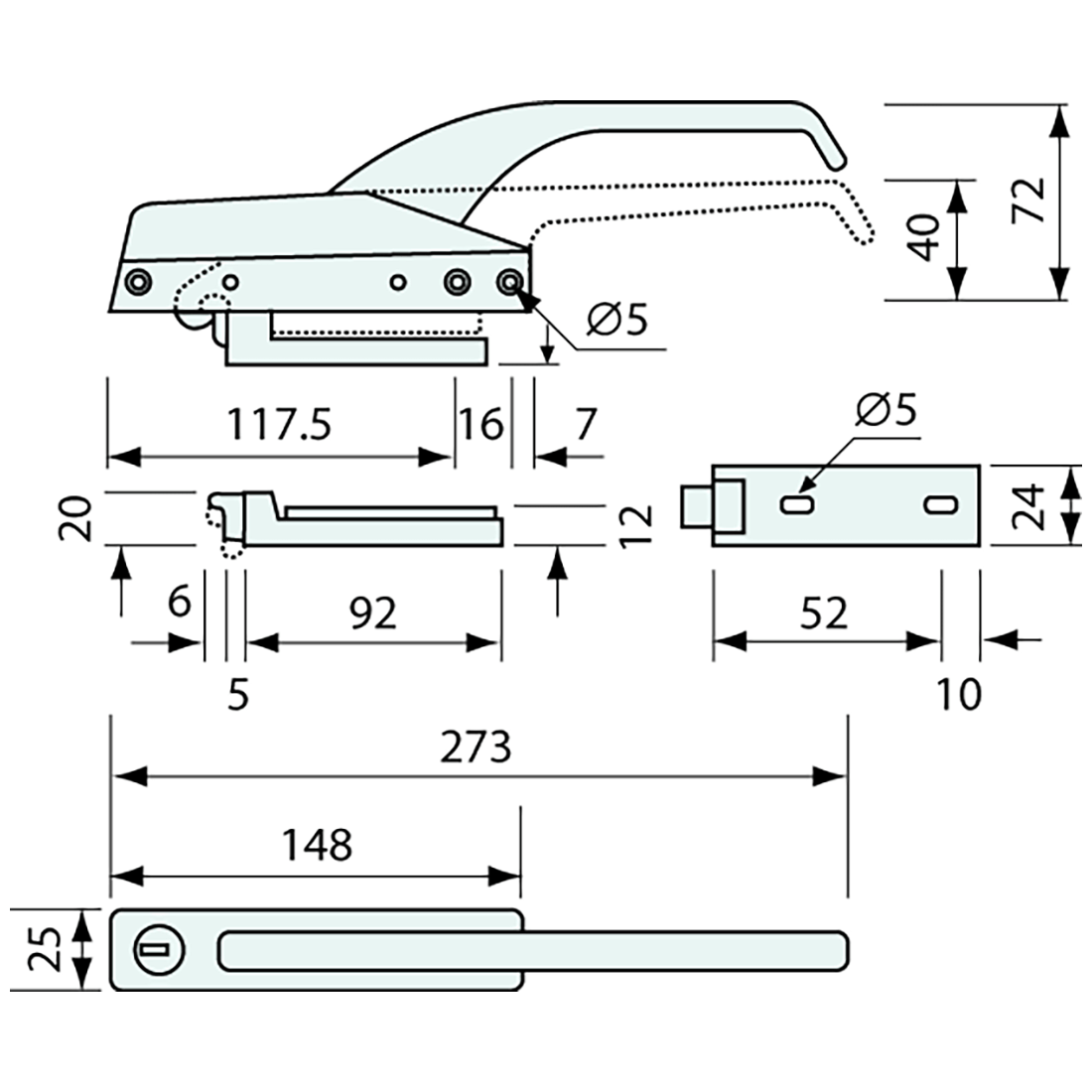Magnetic Cooler Latch Chrome Offset Locking 273mm - Refridge