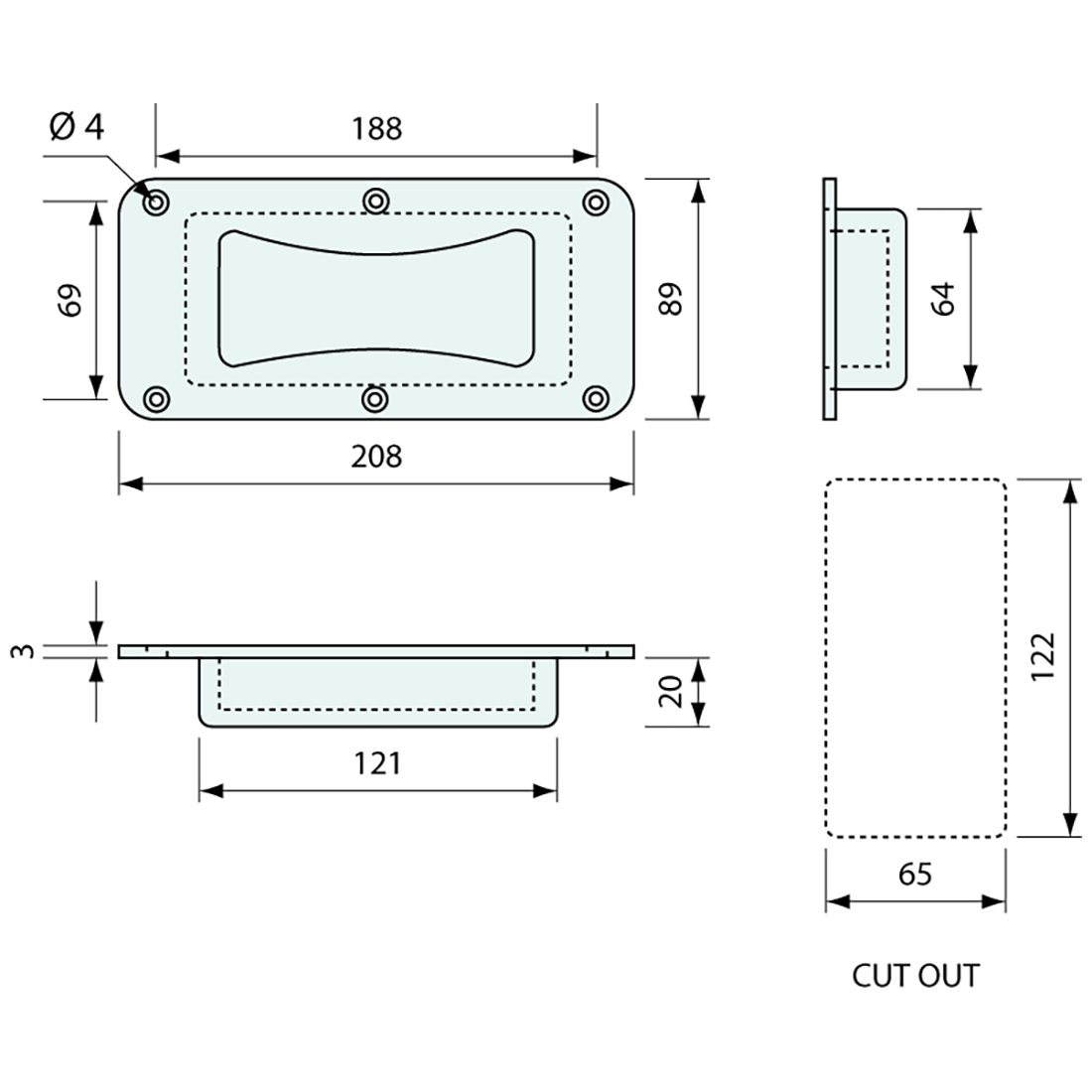 Flush Grab Handle Raw Aluminium 208mm