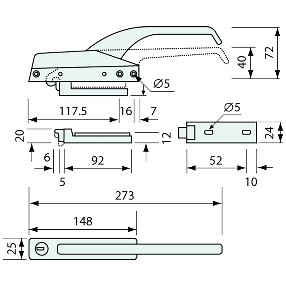 Magnetic Cooler Latch Chrome Offset Non Locking 273mm