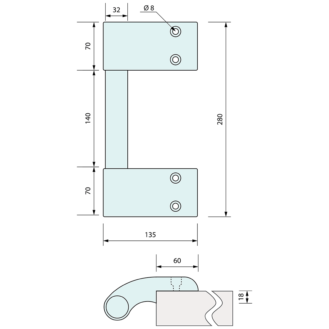 Edge Mount Door Handle 290mm x 135mm - Refridge