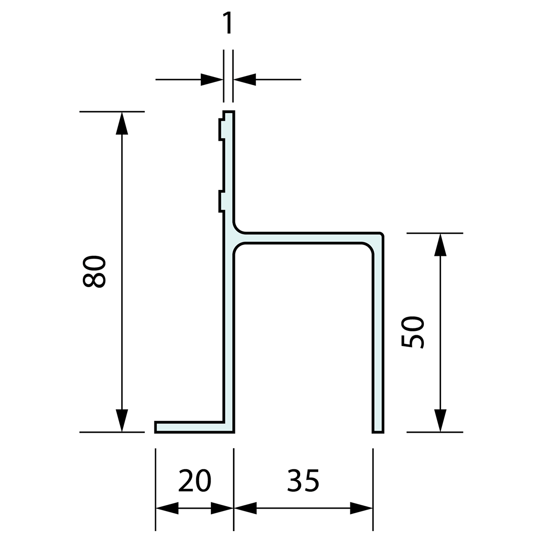 Sliding Door Guide Track with Leg 81x57mm x 5m - Refridge